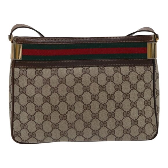 GUCCI GG Supreme Web Sherry Line Shoulder Bag PVC Beige Gold Red Auth 95726 - Picture 3 of 16